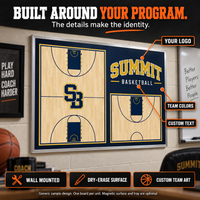Thumbnail for Illustrative close-up: Built around your program. Callouts show your logo, team colors and custom text on a silver-framed wall-mounted dry-erase basketball board. Custom team art. One board per unit; magnetic surface and tray optional.