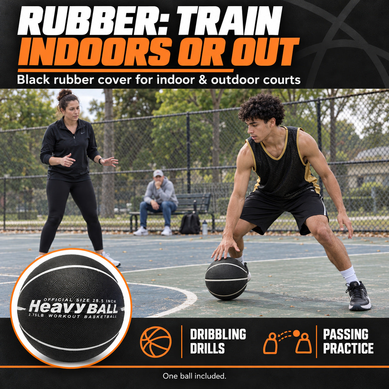 Black rubber weighted basketball used for outdoor dribbling with a trainer and parent watching