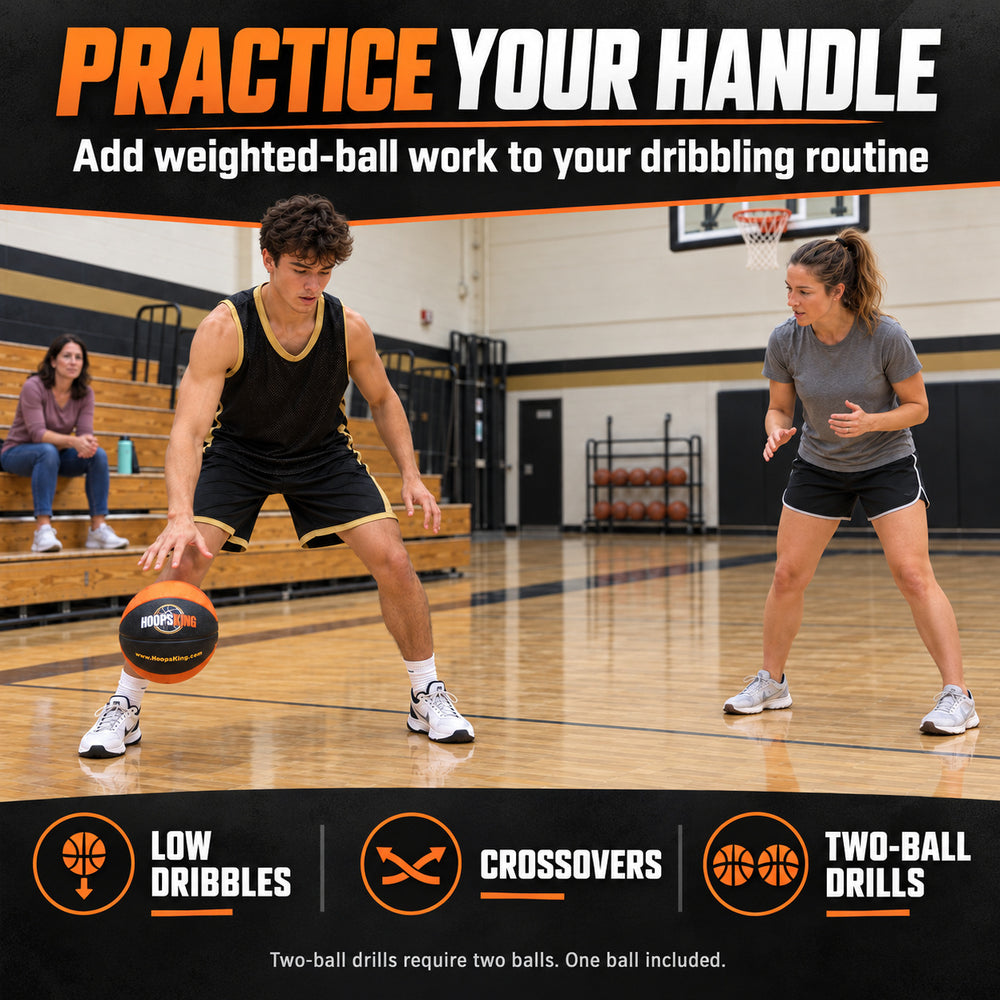 Orange and black composite weighted basketball used for indoor dribbling with a trainer