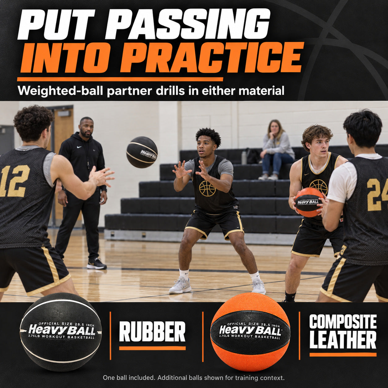Players practice partner passing with rubber and composite weighted basketballs