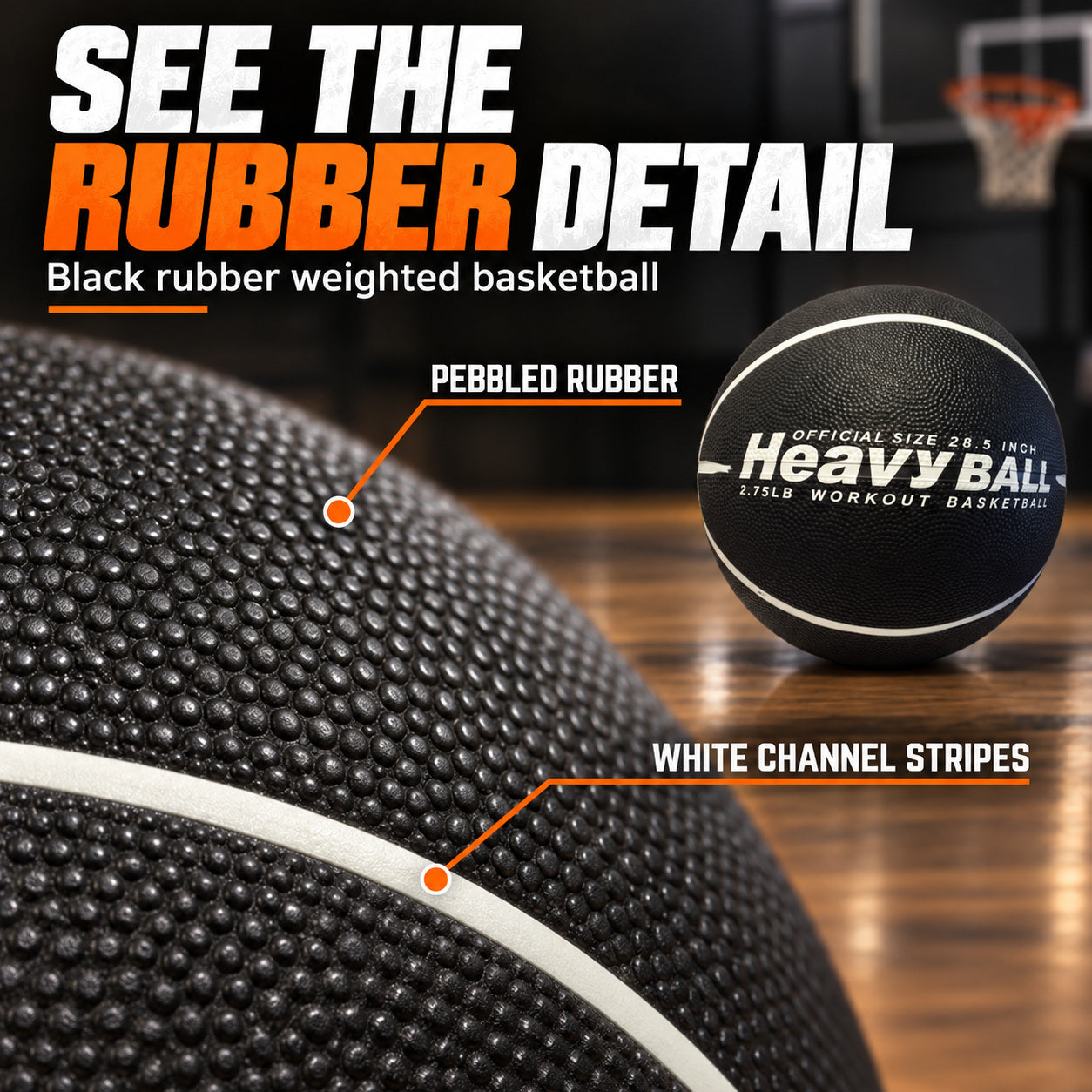 Pebbled black rubber cover and white channel stripes on a weighted basketball