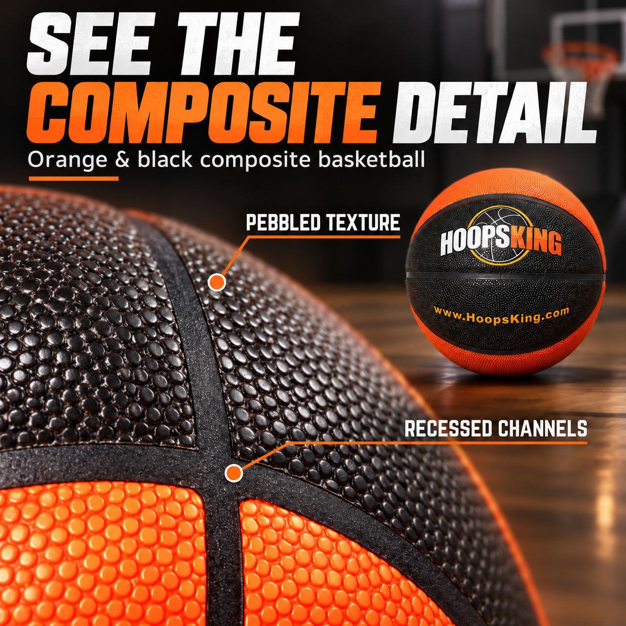 Orange and black composite weighted basketball cover texture and recessed channels