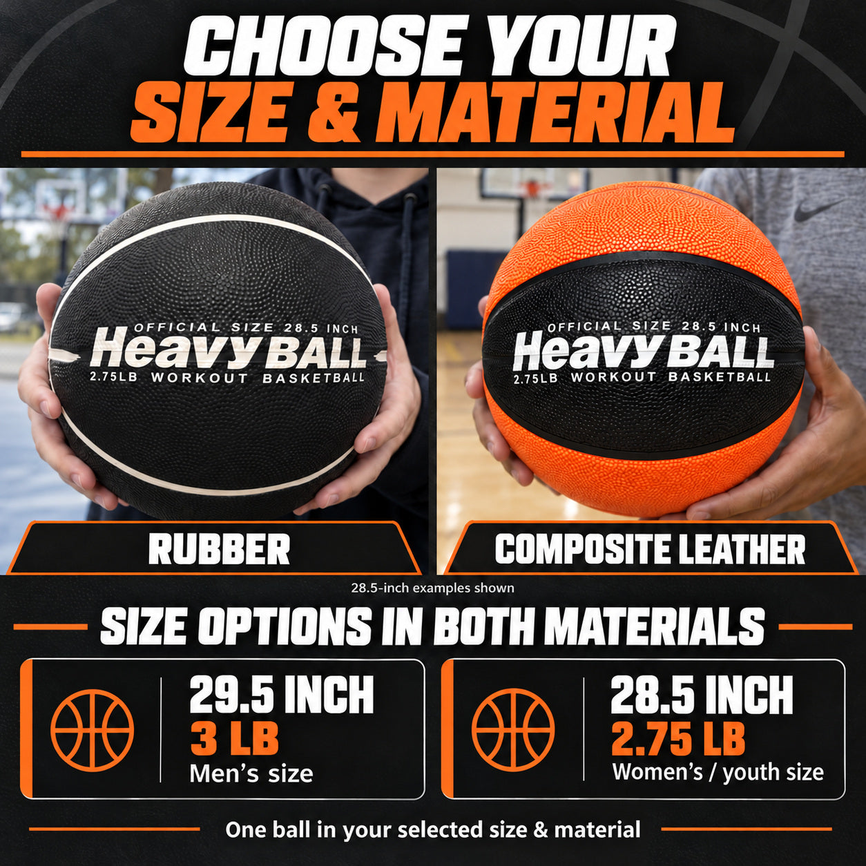 Weighted basketball size and material options: 29.5 inch 3 lb or 28.5 inch 2.75 lb; one selected ball included