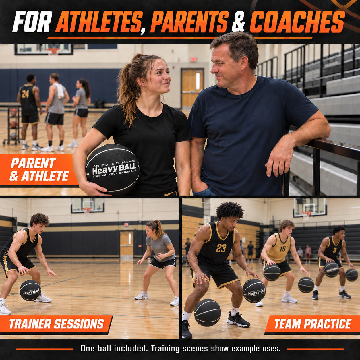 Black rubber weighted basketball training scenes with parents, athletes, trainers and a team