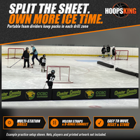 Thumbnail for Black foam rink divider pads, some printed with Chester County Skating Club logos, splitting the ice during youth hockey practice