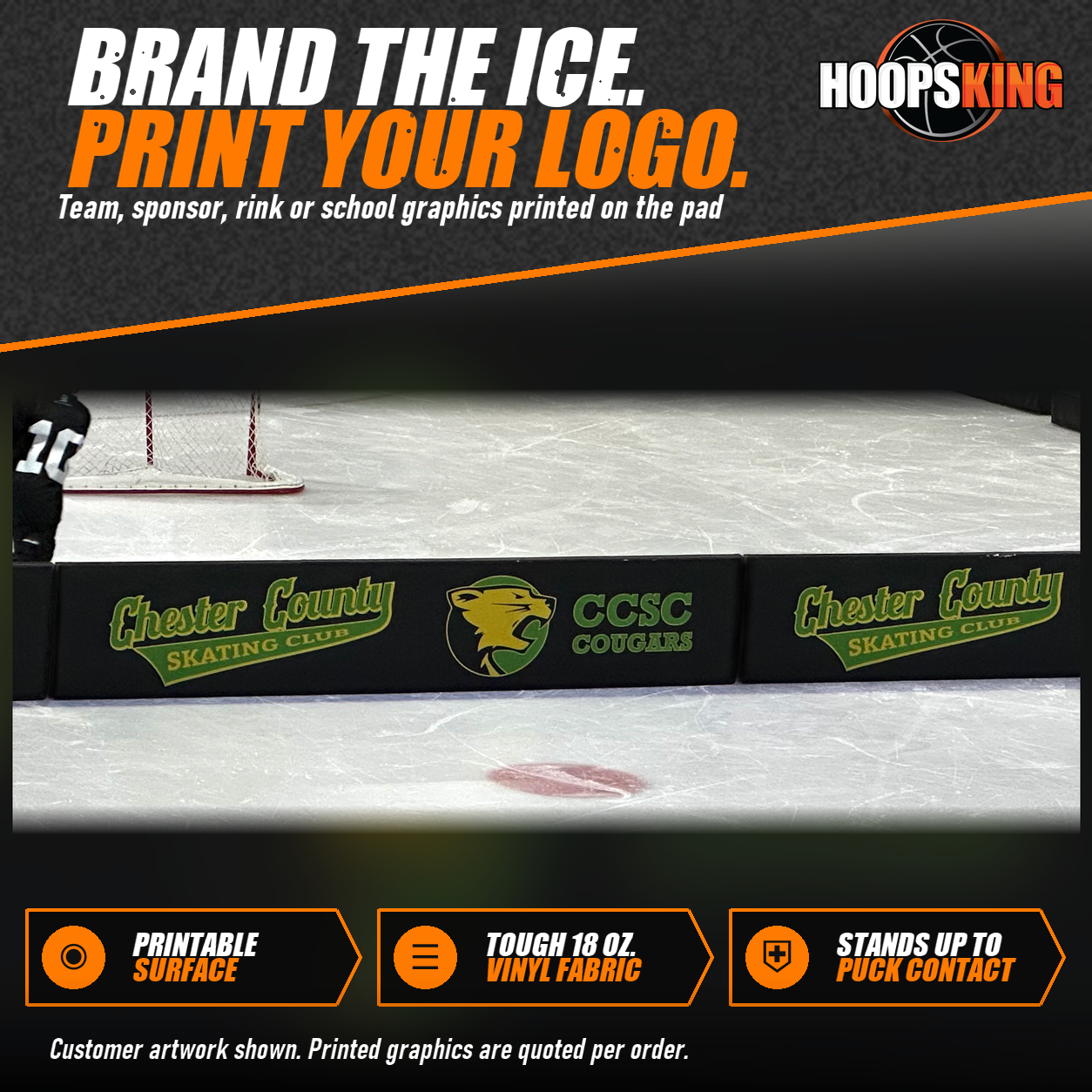 Black foam rink divider pads printed with green Chester County Skating Club script and a gold cougar logo on the ice