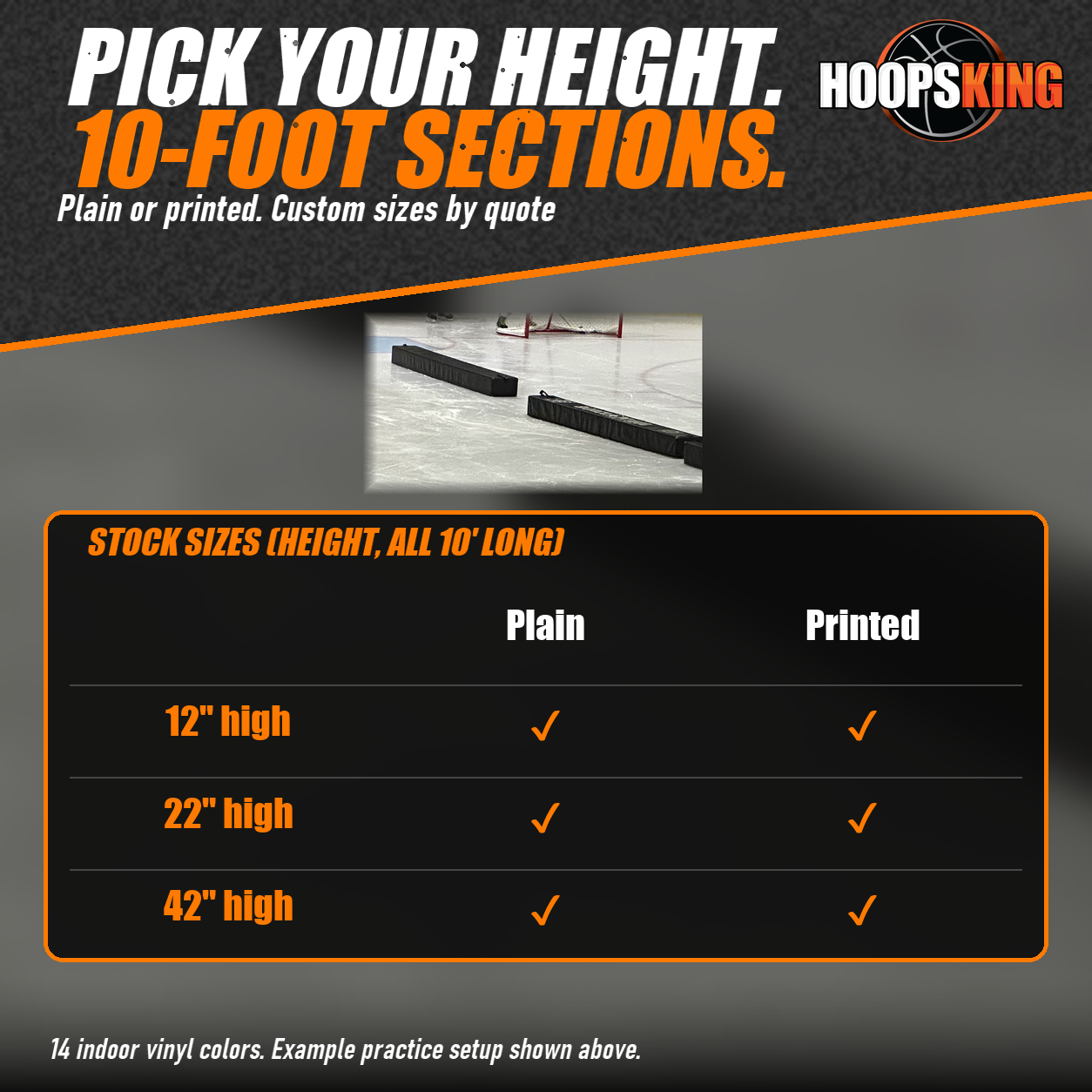 Size chart for foam rink divider pads 12, 22 and 42 inches high by 10 feet long, plain or printed, below black dividers on ice
