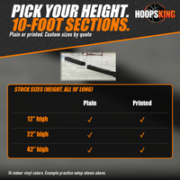 Thumbnail for Size chart for foam rink divider pads 12, 22 and 42 inches high by 10 feet long, plain or printed, below black dividers on ice