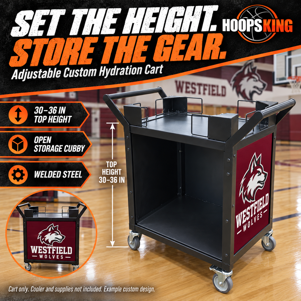 Rear storage cubby and30–36-inch top-height range of a Westfield Wolves adjustable hydration cart.