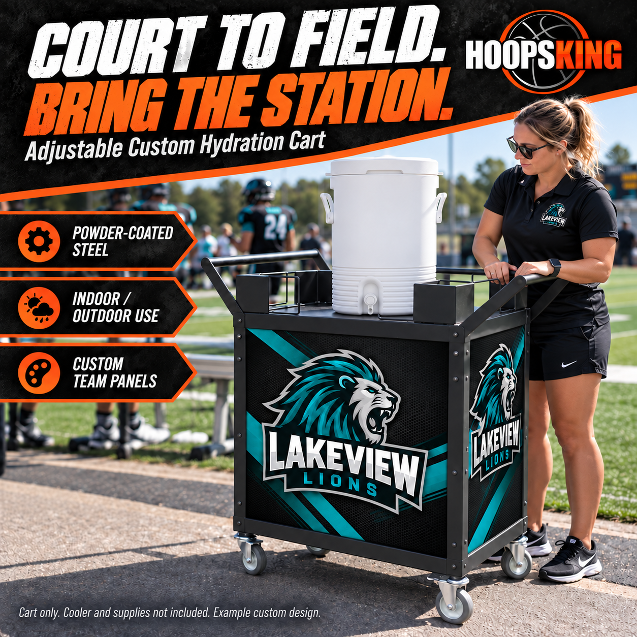 Lakeview Lions adjustable hydration cart and separate white cooler on a paved football sideline.