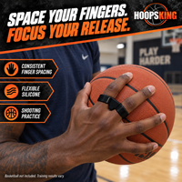 Thumbnail for Close-up of a basketball player's right hand wearing the black silicone Shot Spacer around the index and middle finger bases.
