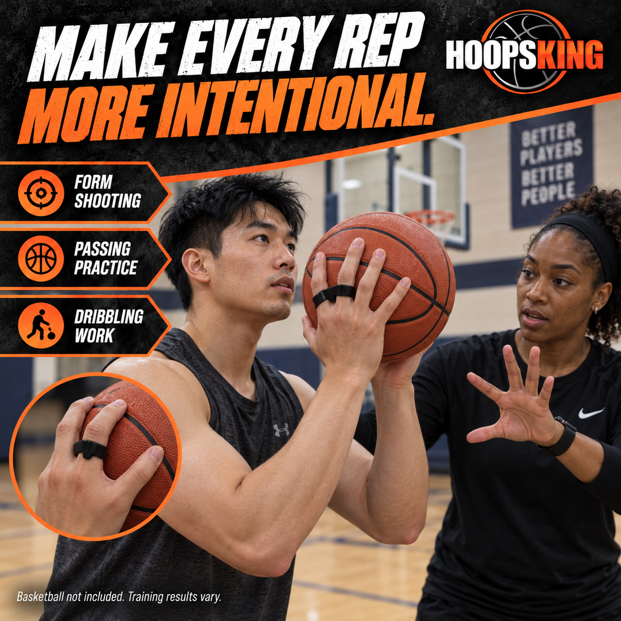 Athlete working on finger placement with a shooting coach while wearing the Shot Spacer; a close-up shows its fit on the athlete's hand.