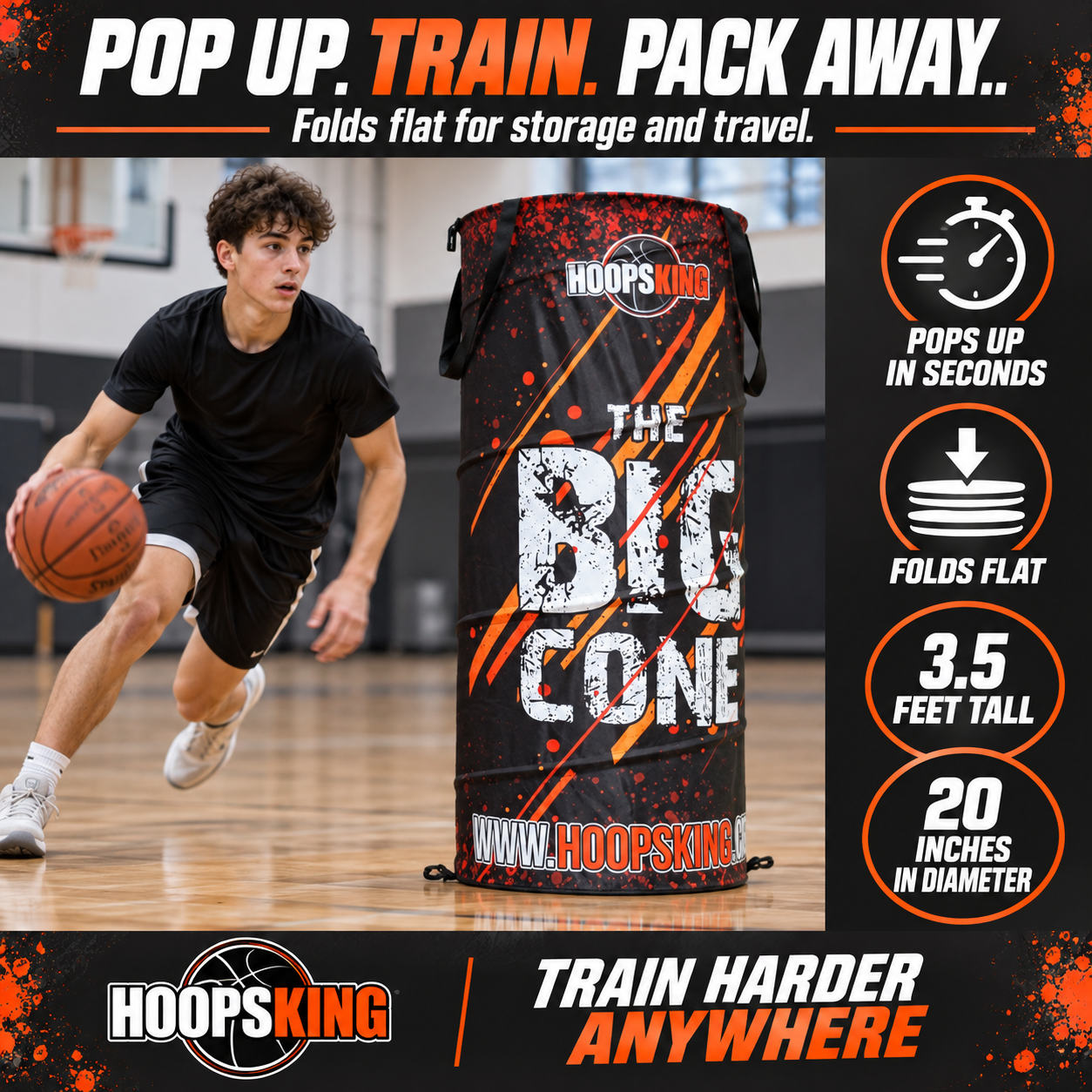 Big Cone pops open for training and folds flat for storage; 3.5 feet tall and 20-inch diameter