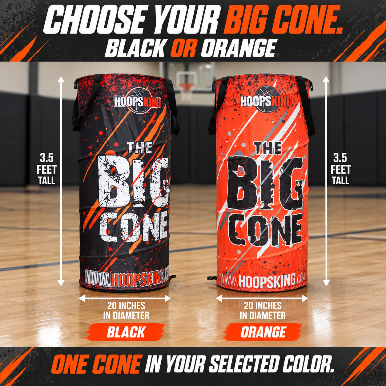 Black and orange Big Cone color choices; one selected cone, 3.5 feet tall and 20 inches in diameter