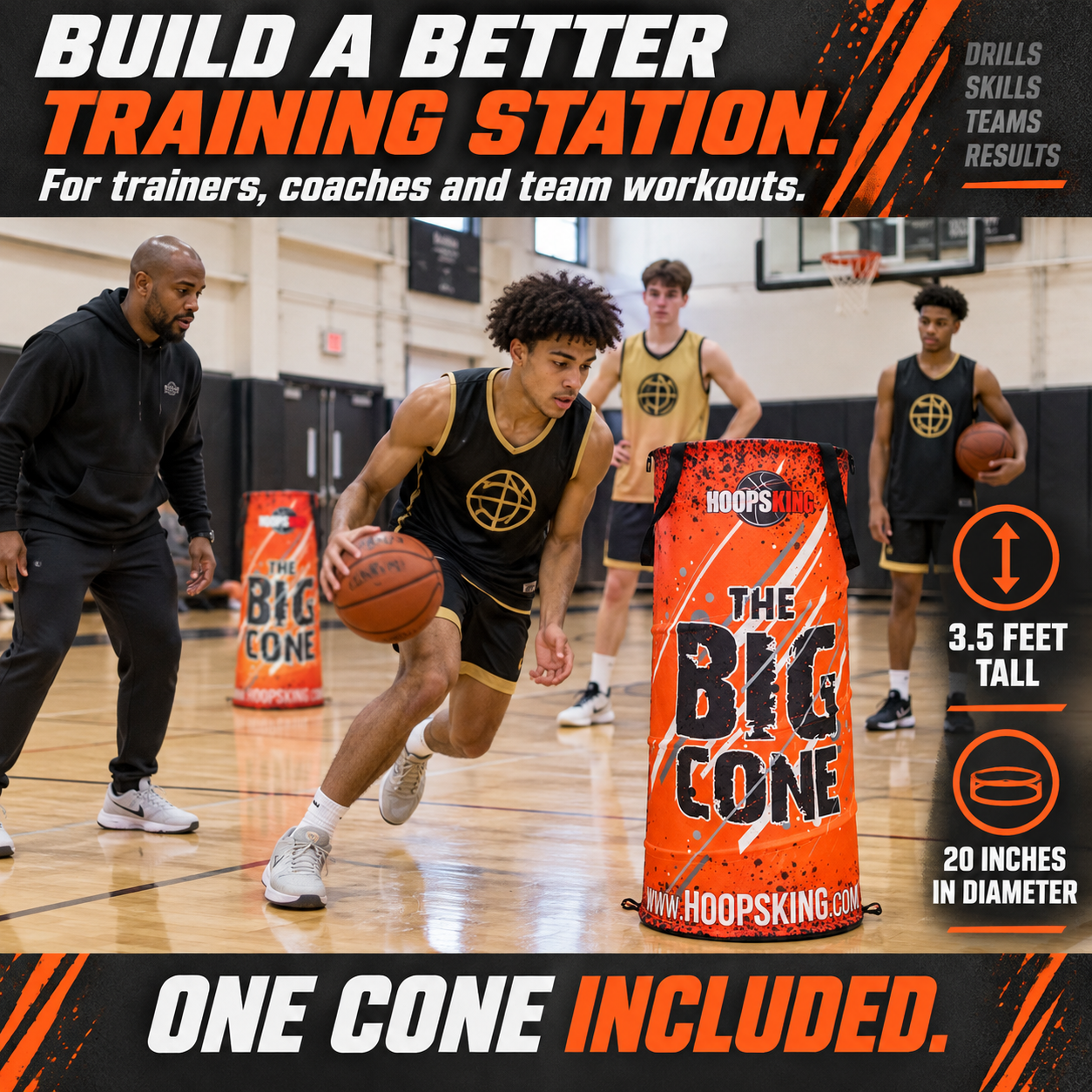 Coach leading a small basketball group around an orange Big Cone pop-up defender; one cone included