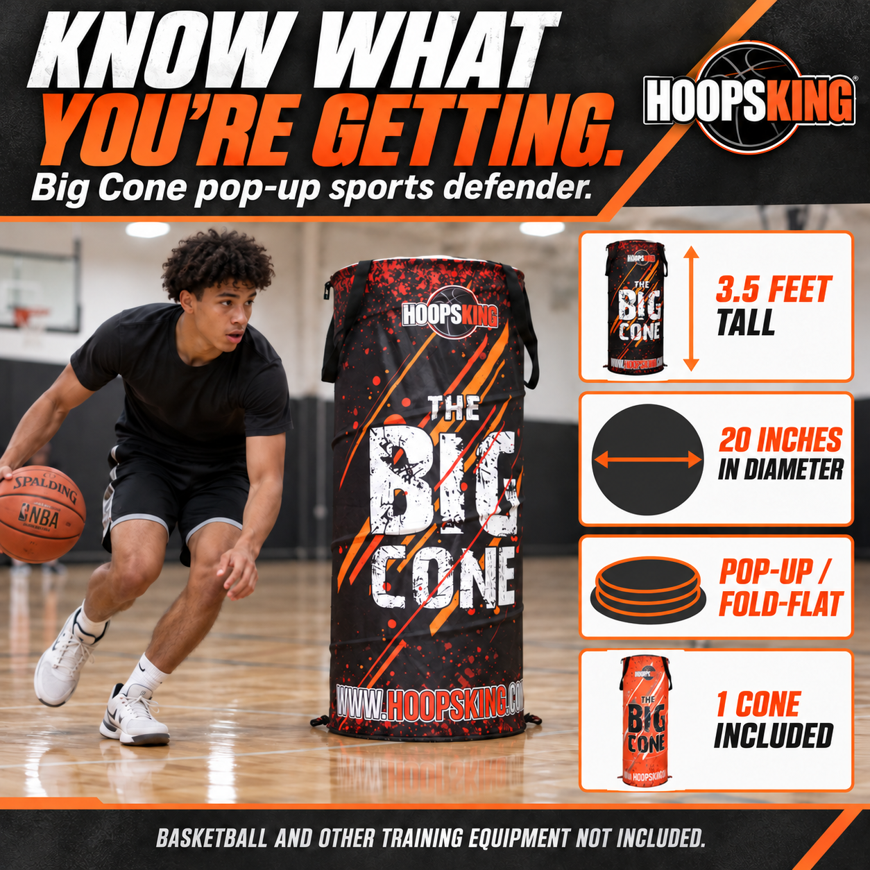 One Big Cone pop-up defender included, 3.5 feet tall with 20-inch diameter; basketball and other training equipment excluded