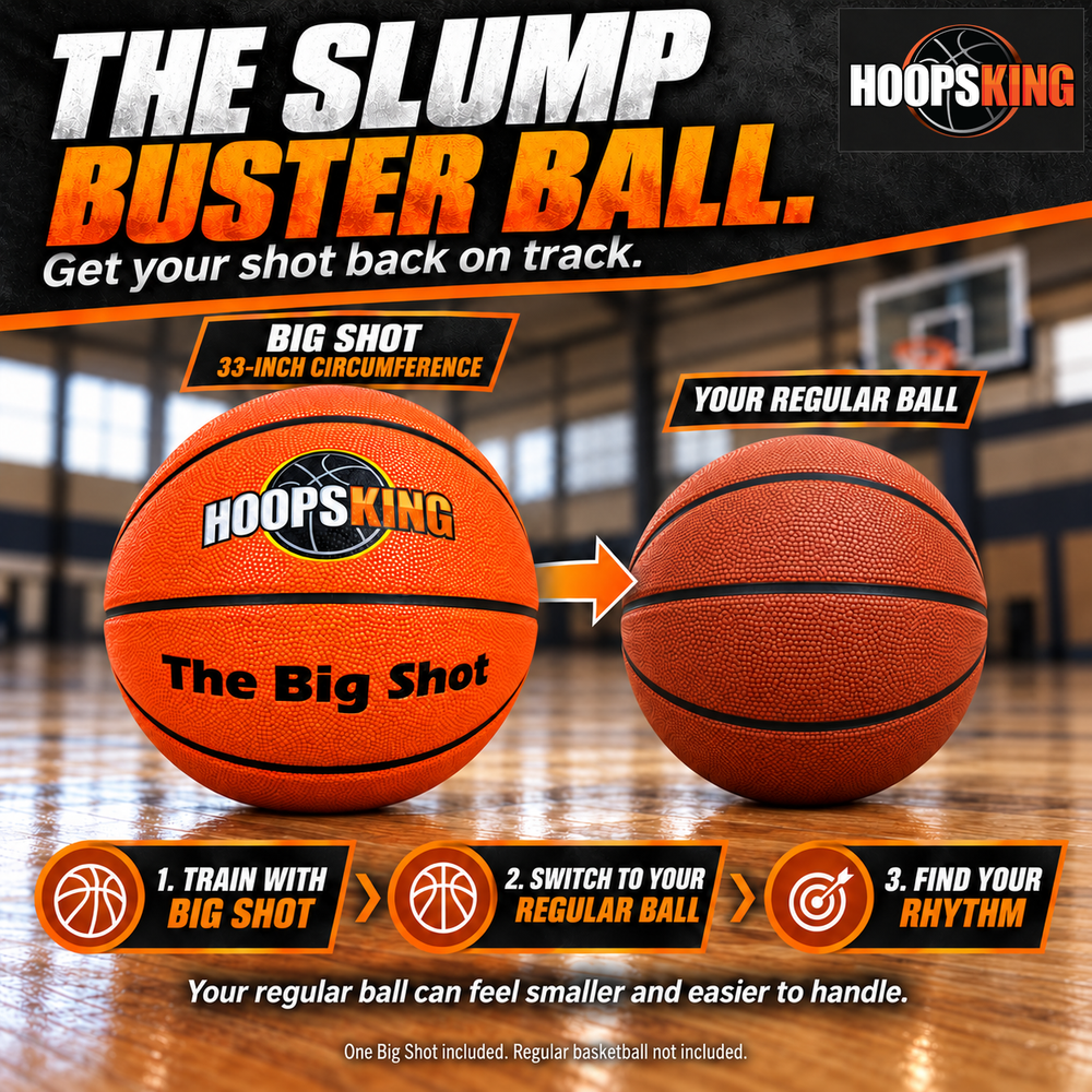 Big Shot Slump Buster Ball: practice with the oversized 33-inch circumference ball, switch to your regular basketball, and rebuild shooting rhythm; one Big Shot included