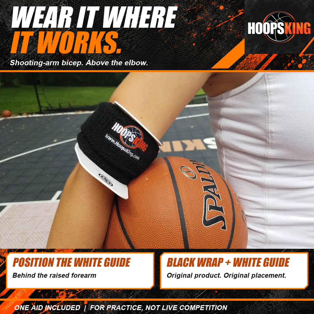 BullsEye placement above the elbow on the bicep, with the white guide centered behind the raised forearm