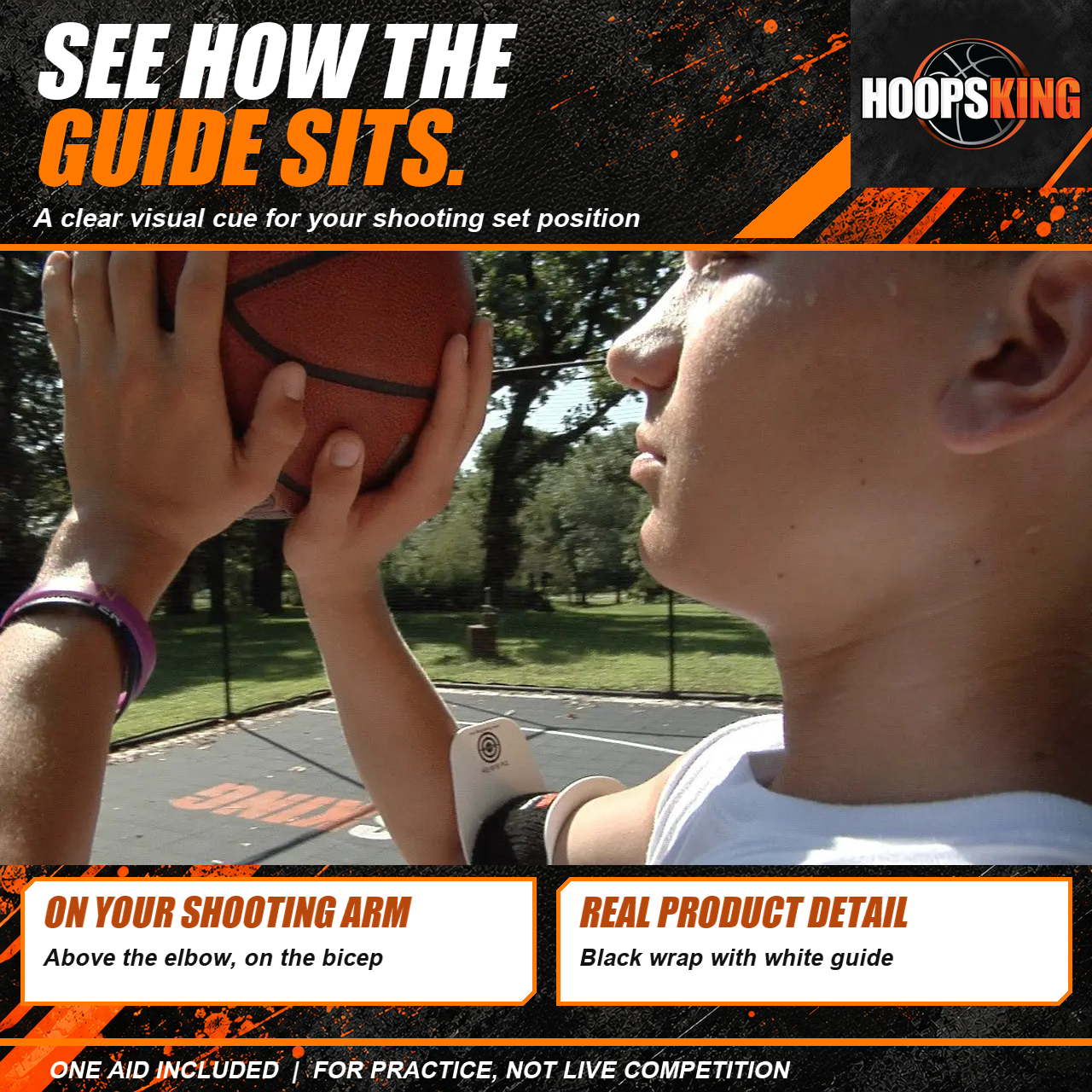 Close view of the BullsEye black wrap and white guide on the shooting arm above the elbow