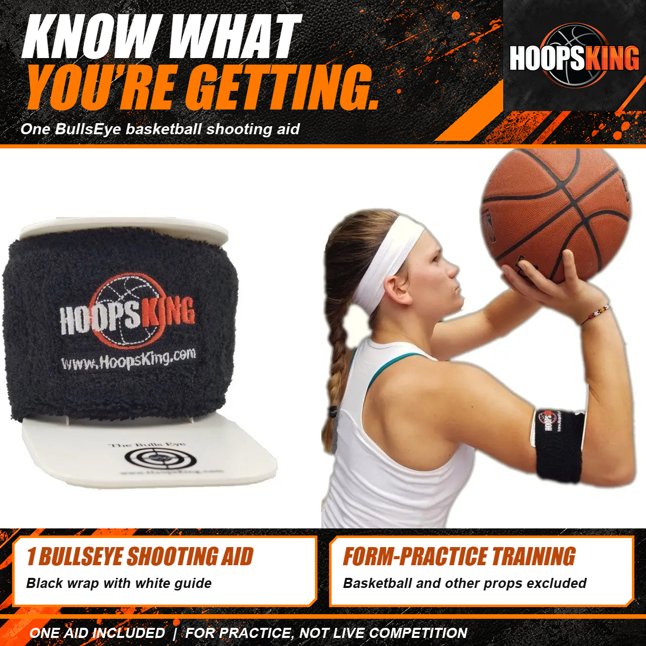 One BullsEye black-wrap shooting aid with white guide; basketball and other props excluded
