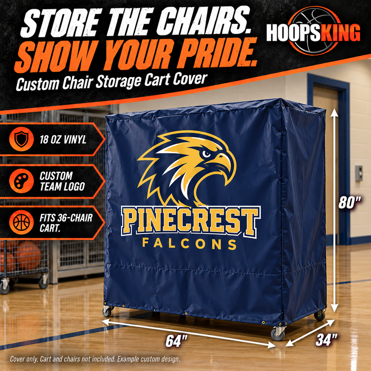 Navy Pinecrest Falcons custom vinyl chair cart cover; cover only, cart and chairs not included.