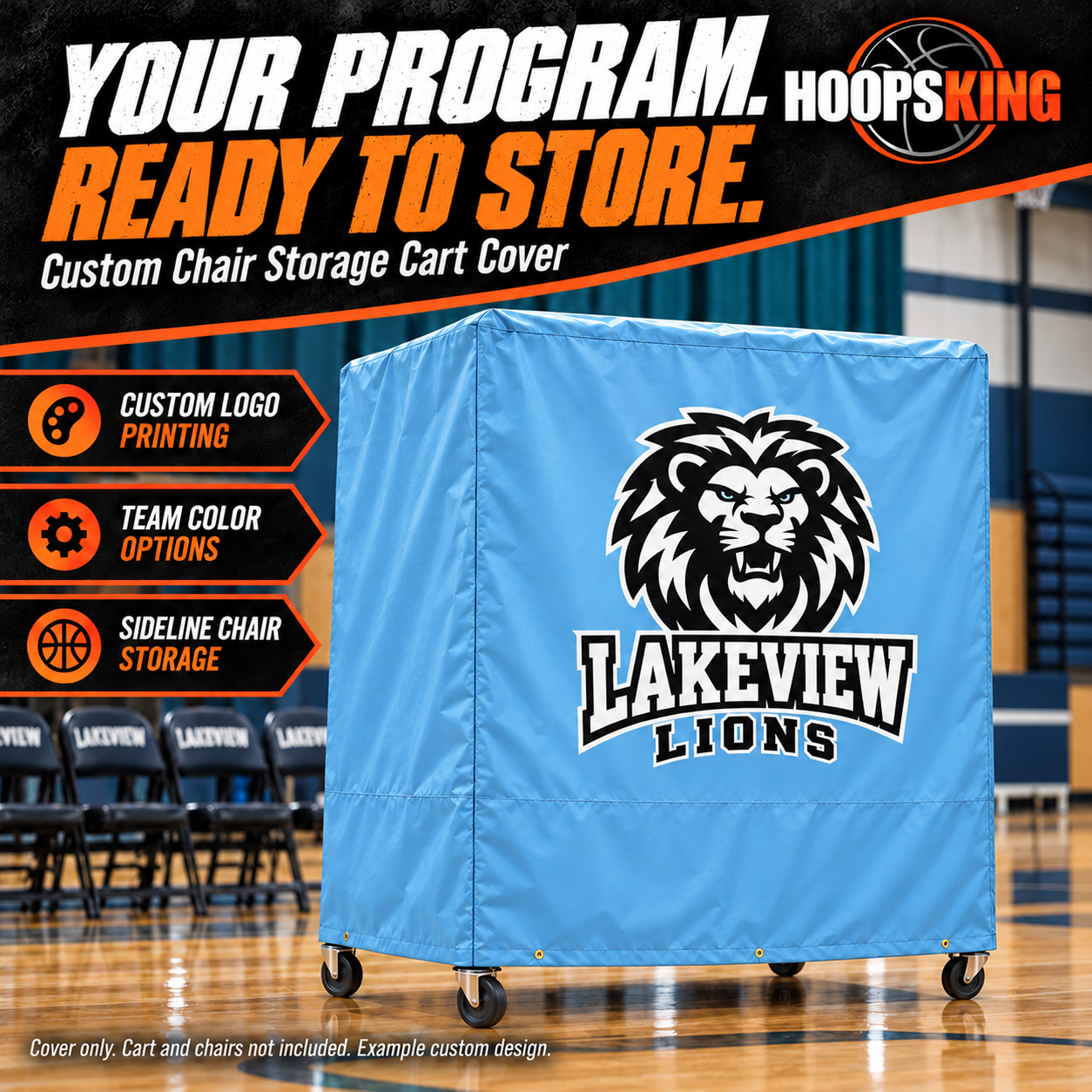 Light blue Lakeview Lions fitted vinyl chair cart cover with finished black and white lion crest beside a gym sideline.