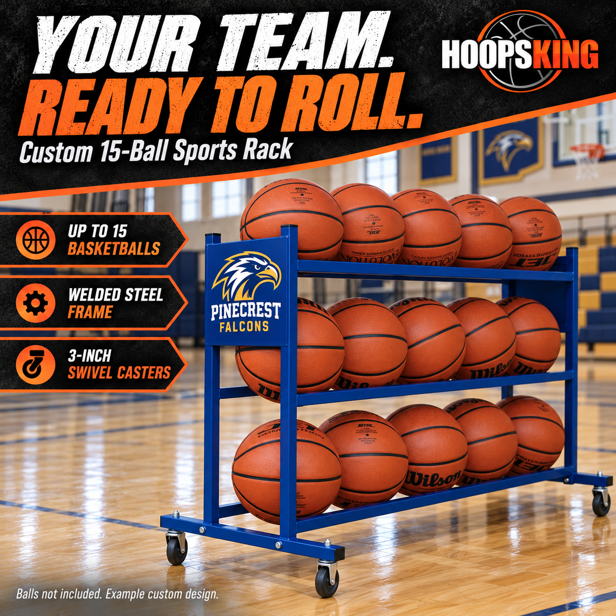 Blue Pinecrest Falcons three-tier steel sports rack holding15 basketballs on its support rails; balls not included.