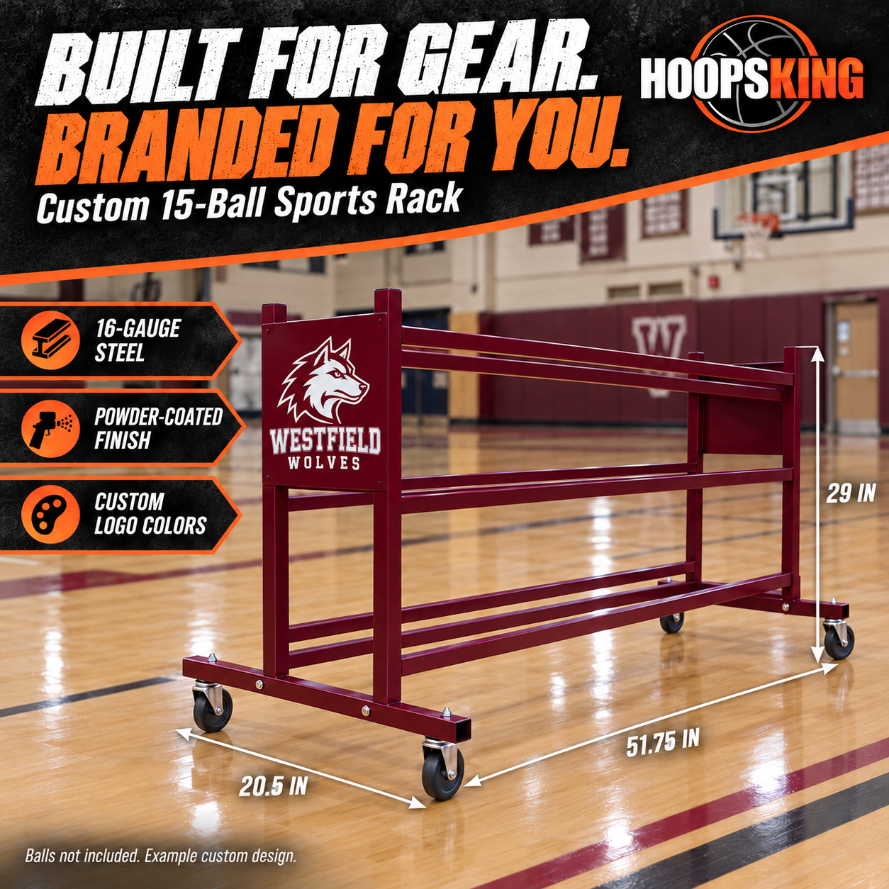 Empty burgundy Westfield Wolves steel rack with51.75-inch length,20.5-inch width and29-inch height dimensions.