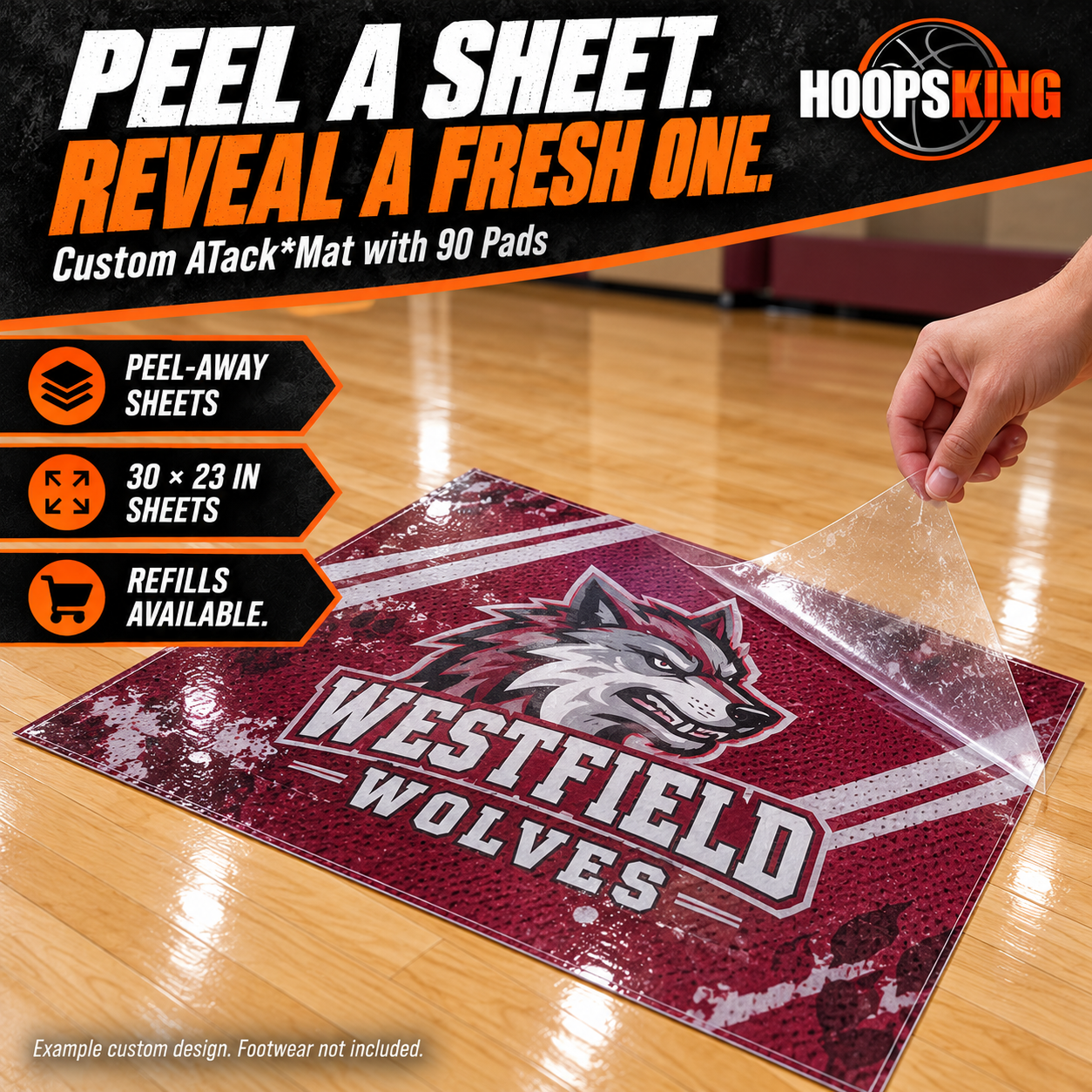 Hand peeling a thin clear adhesive sheet from a Westfield Wolves custom court mat.