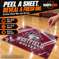Thumbnail for Hand peeling a thin clear adhesive sheet from a Westfield Wolves custom court mat.