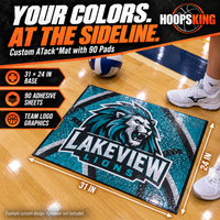 Thumbnail for Lakeview Lions adhesive court mat with31-by24-inch base dimensions, beside volleyball footwear.