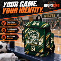 Thumbnail for Custom athletic style backpack offers full-color team artwork, player personalization and multi-zone storage. Example custom design: Westhaven Wolves Soccer in forest green, gold and cream.