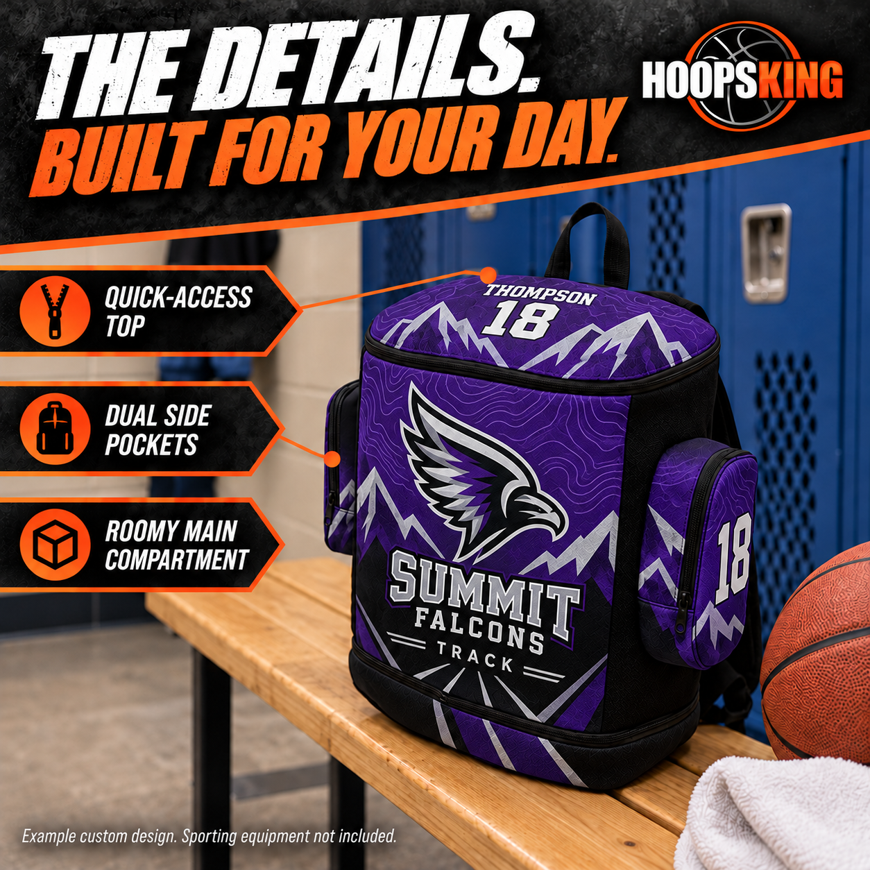 Athletic style backpack includes dual side pockets, a quick-access top pocket and a main compartment. Example custom design: Summit Falcons Track in purple, silver and black.