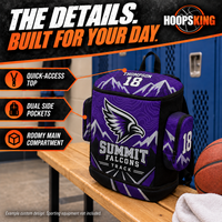 Thumbnail for Athletic style backpack includes dual side pockets, a quick-access top pocket and a main compartment. Example custom design: Summit Falcons Track in purple, silver and black.