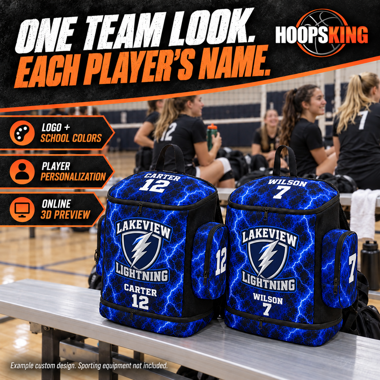 Use one team look and personalize each athletic style backpack with a player name and number. Example team design: Lakeview Lightning.