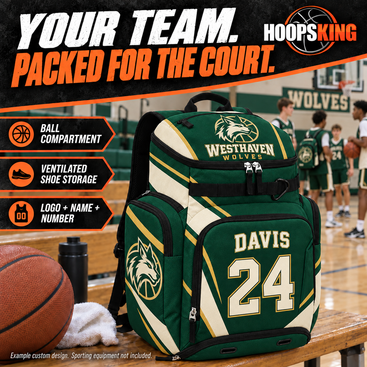 Custom basketball backpack includes a ball compartment, ventilated shoe storage and individual player branding. Example custom design: Westhaven Wolves Basketball in forest green, cream and gold.