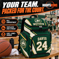 Thumbnail for Custom basketball backpack includes a ball compartment, ventilated shoe storage and individual player branding. Example custom design: Westhaven Wolves Basketball in forest green, cream and gold.