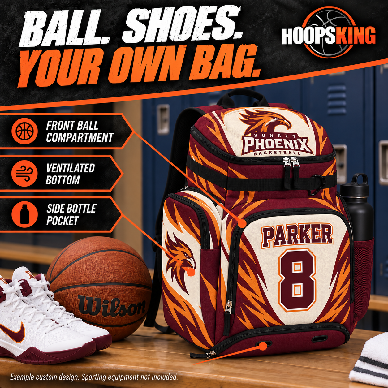 Separate storage areas organize a basketball and shoes, with a side bottle pocket. Equipment shown beside the bag is not included. Example custom design: Sunset Phoenix Basketball in burgundy, burnt orange and cream.
