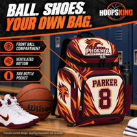 Thumbnail for Separate storage areas organize a basketball and shoes, with a side bottle pocket. Equipment shown beside the bag is not included. Example custom design: Sunset Phoenix Basketball in burgundy, burnt orange and cream.