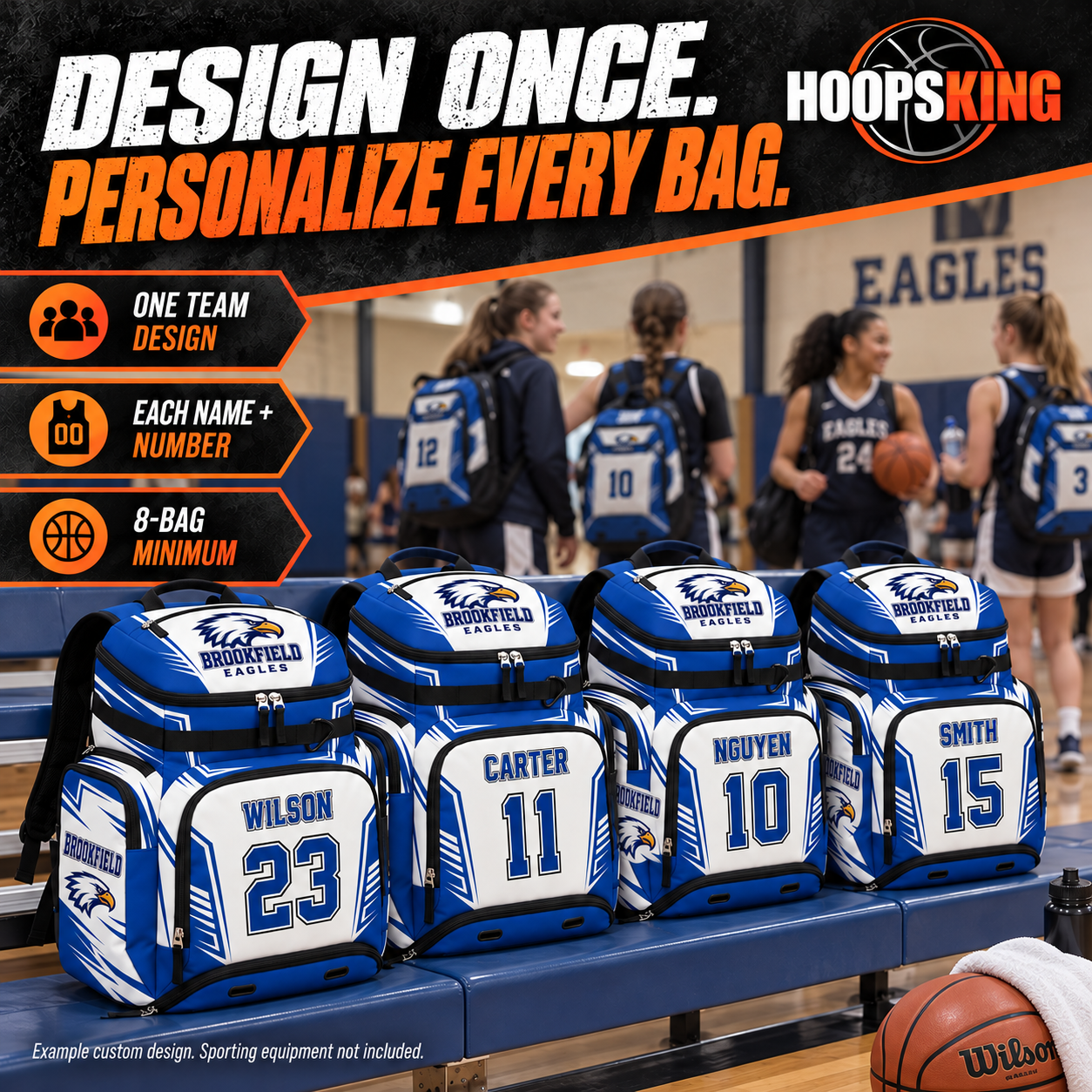 Apply your team colors and logo, then personalize each basketball backpack with a player name and number. Minimum order is eight bags. Example team design: Brookfield Eagles.