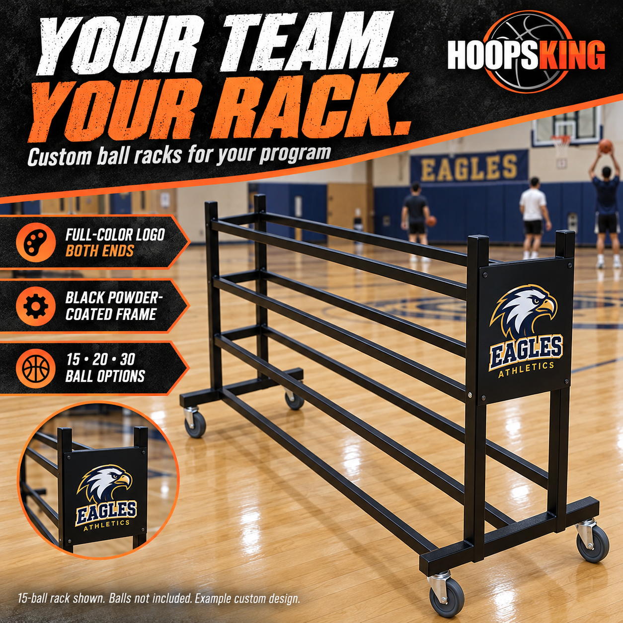 Custom black 15-ball rack with full-color team branding on both ends, rolling casters and a black powder-coated frame. Balls not included.