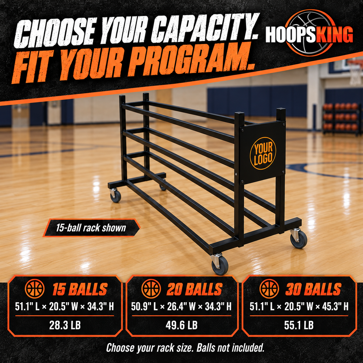 Custom ball rack capacities: 15 balls, 51.1 by 20.5 by 34.3 inches, 28.3 pounds; 20 balls, 50.9 by 26.4 by 34.3 inches, 49.6 pounds; 30 balls, 51.1 by 20.5 by 45.3 inches, 55.1 pounds.
