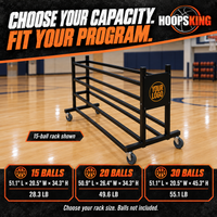 Thumbnail for Custom ball rack capacities: 15 balls, 51.1 by 20.5 by 34.3 inches, 28.3 pounds; 20 balls, 50.9 by 26.4 by 34.3 inches, 49.6 pounds; 30 balls, 51.1 by 20.5 by 45.3 inches, 55.1 pounds.