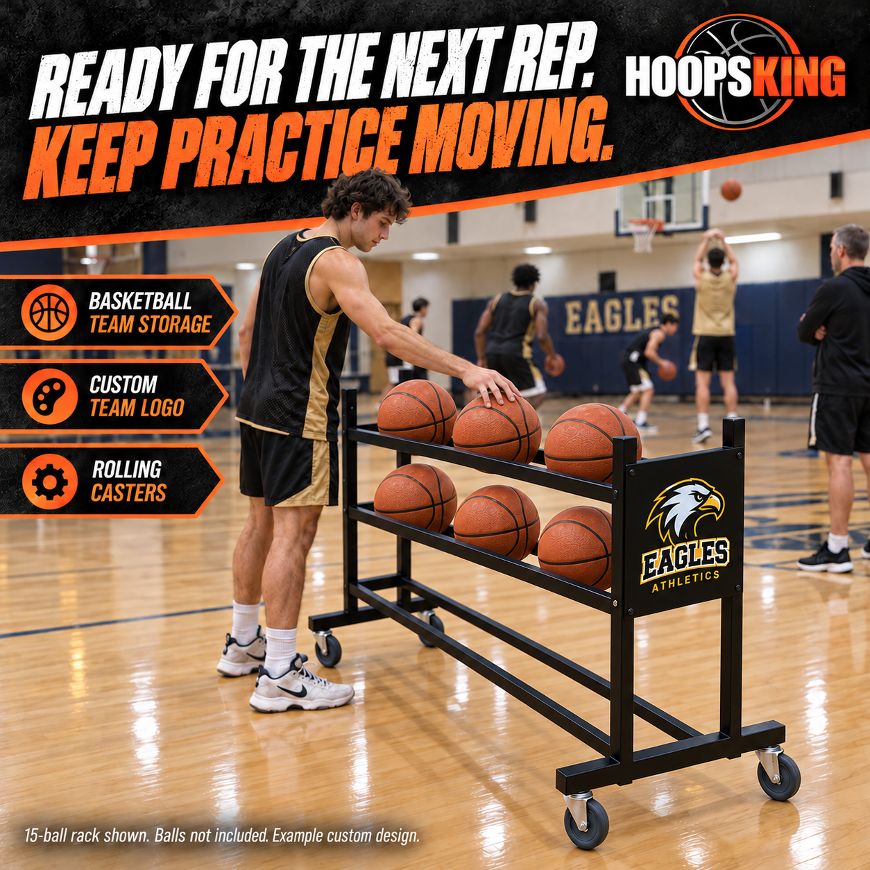 Basketball players using a custom rolling ball rack, with basketballs resting on top of the tier support rails. Balls not included.