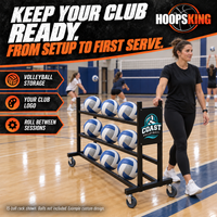 Thumbnail for Volleyball coach with a custom black ball rack, with volleyballs resting on top of each tier's support rails. Balls not included.