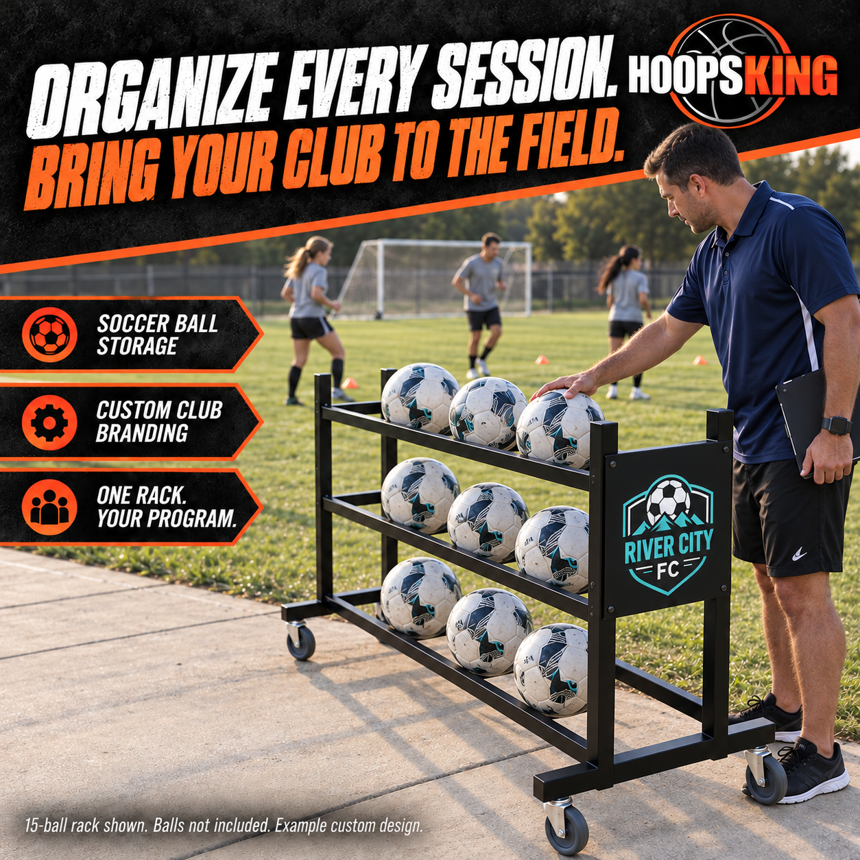 Soccer coach organizing soccer balls resting on top of a custom rack's tier support rails beside a practice field. Balls not included.