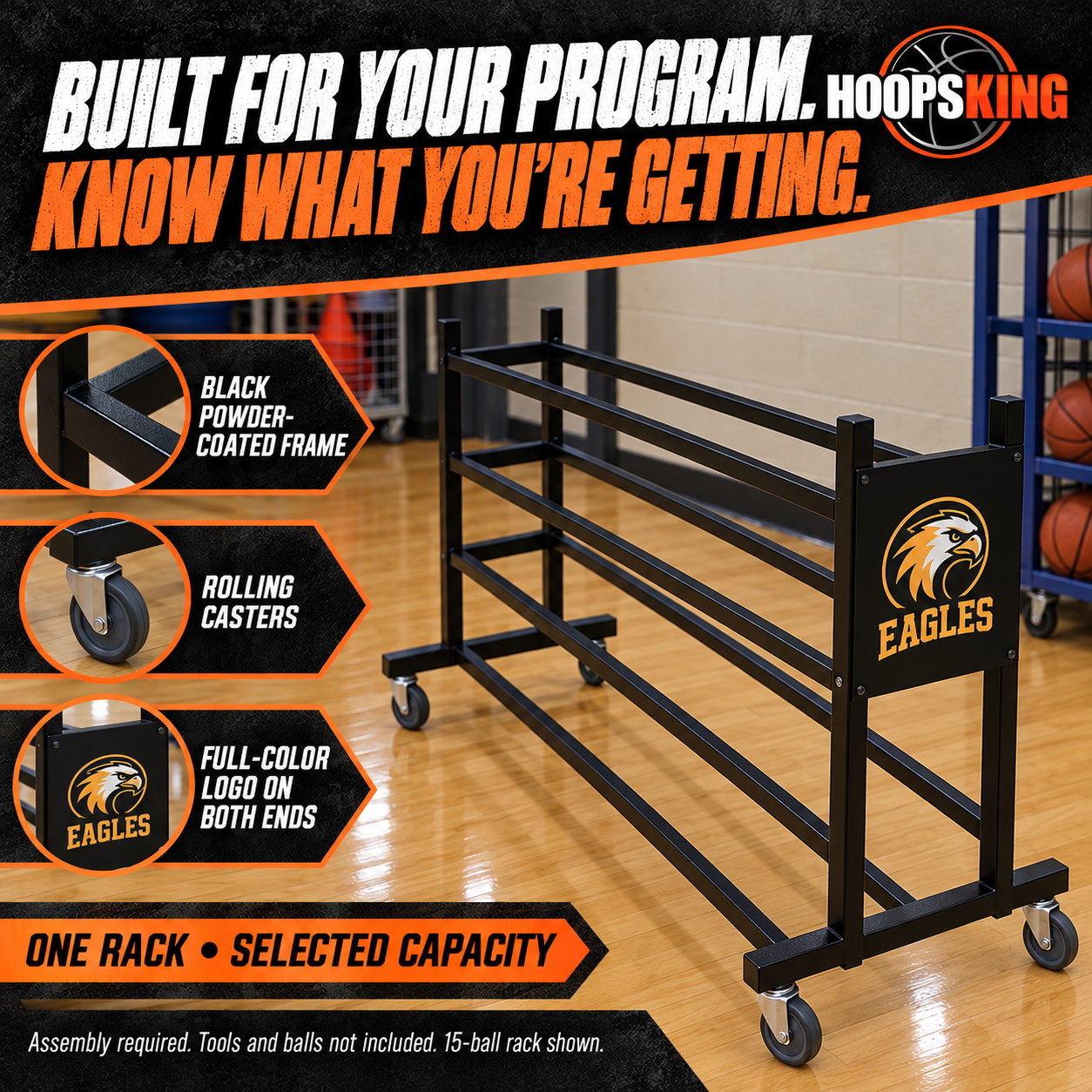 Custom ball rack details showing the black powder-coated frame, rolling caster and full-color end-panel logo. One rack is included; balls and assembly tools are not included.
