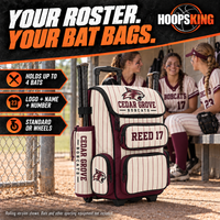 Thumbnail for Custom baseball and softball bat backpacks hold up to four bats and offer standard or rolling versions. Example custom design: Cedar Grove Bobcats in burgundy, cream and charcoal.
