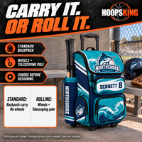 Thumbnail for Choose the standard bat backpack without wheels or the version with wheels and a telescoping pole before customizing. Example custom design: Northshore Marlins in teal, navy and white.
