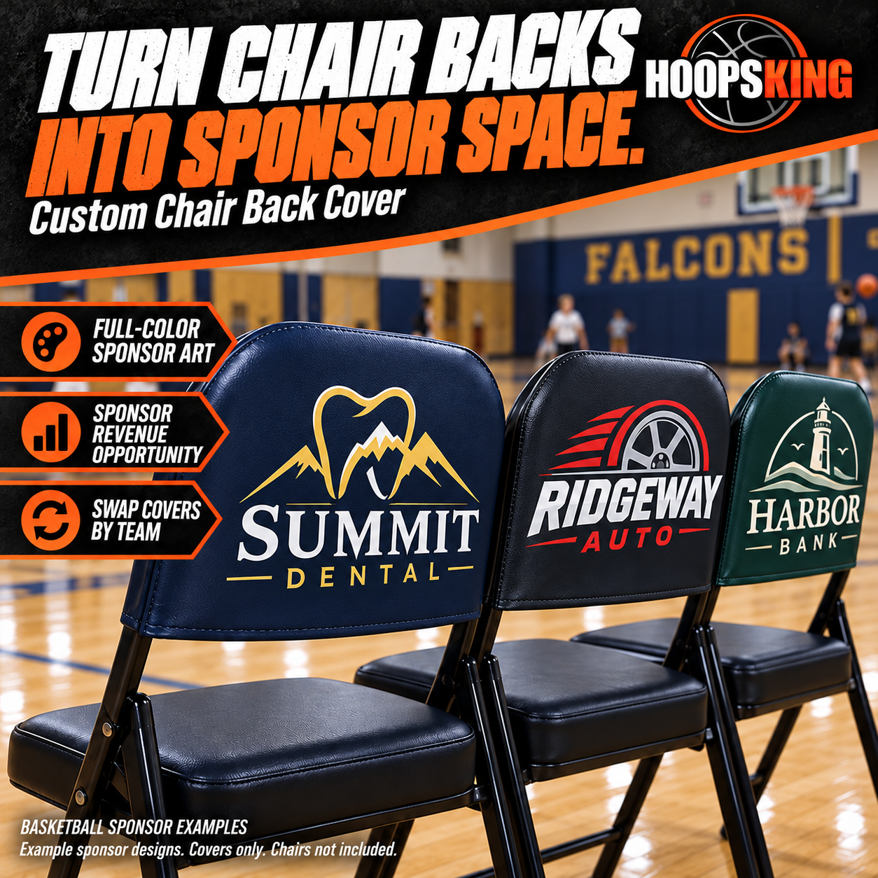 Three vinyl chair-back covers featuring different Summit Dental, Ridgeway Auto and Harbor Bank sponsor designs, without player names or numbers.